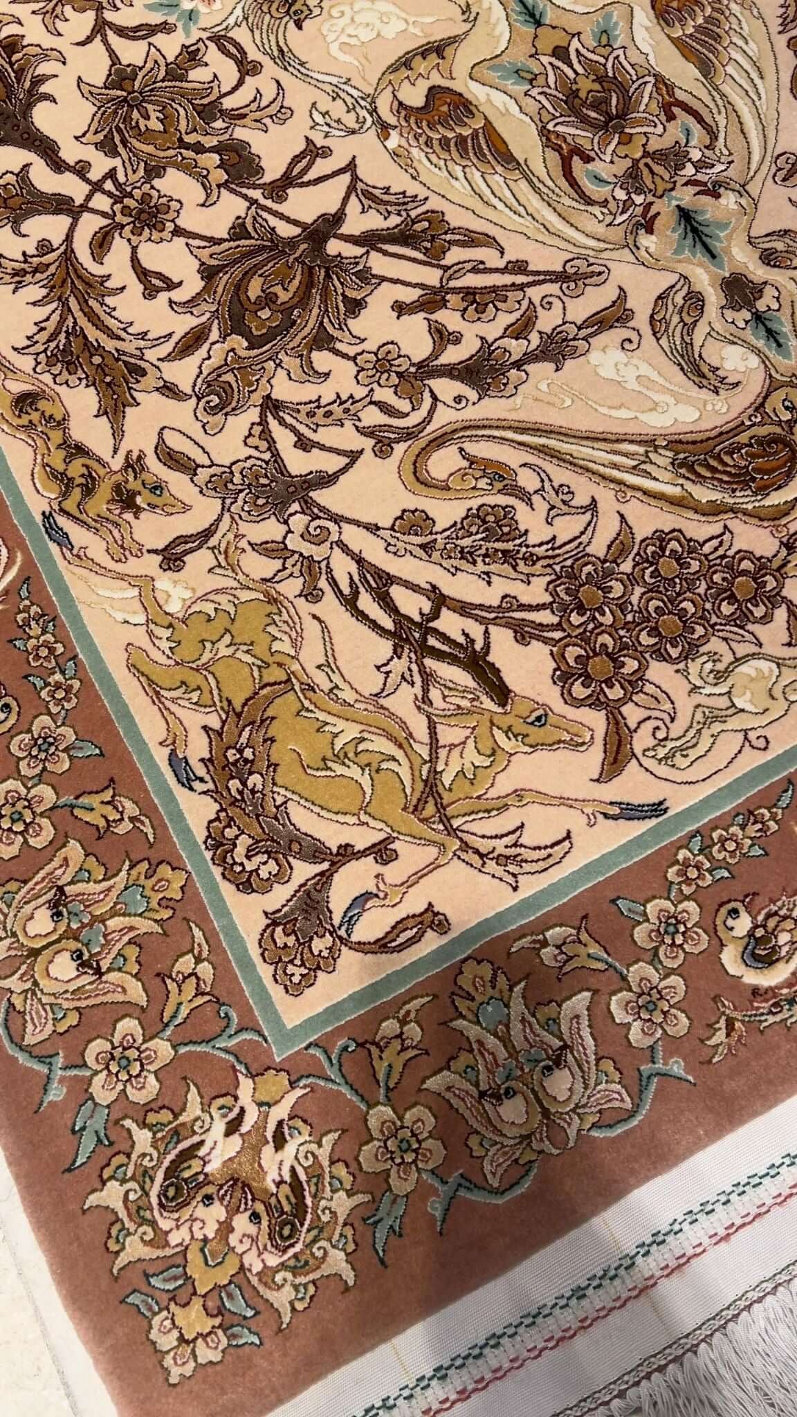 Luxury wool and silk Persian carpet with intricate details.